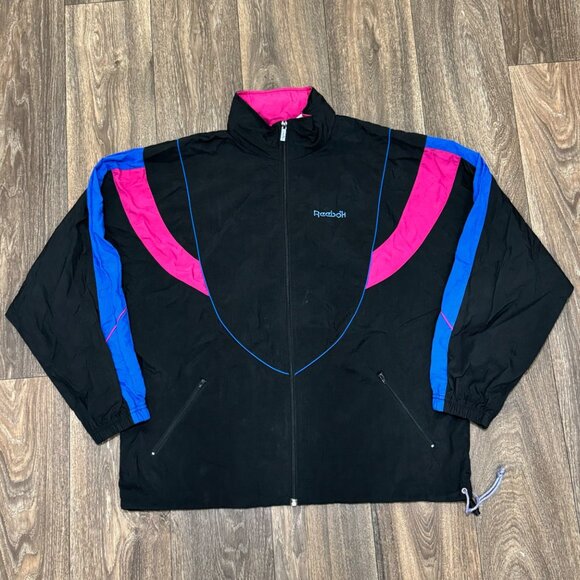 VTG Reebok Track Jacket Women's Large Black Nylon Windbreaker Colorblock 90s - Picture 1 of 11